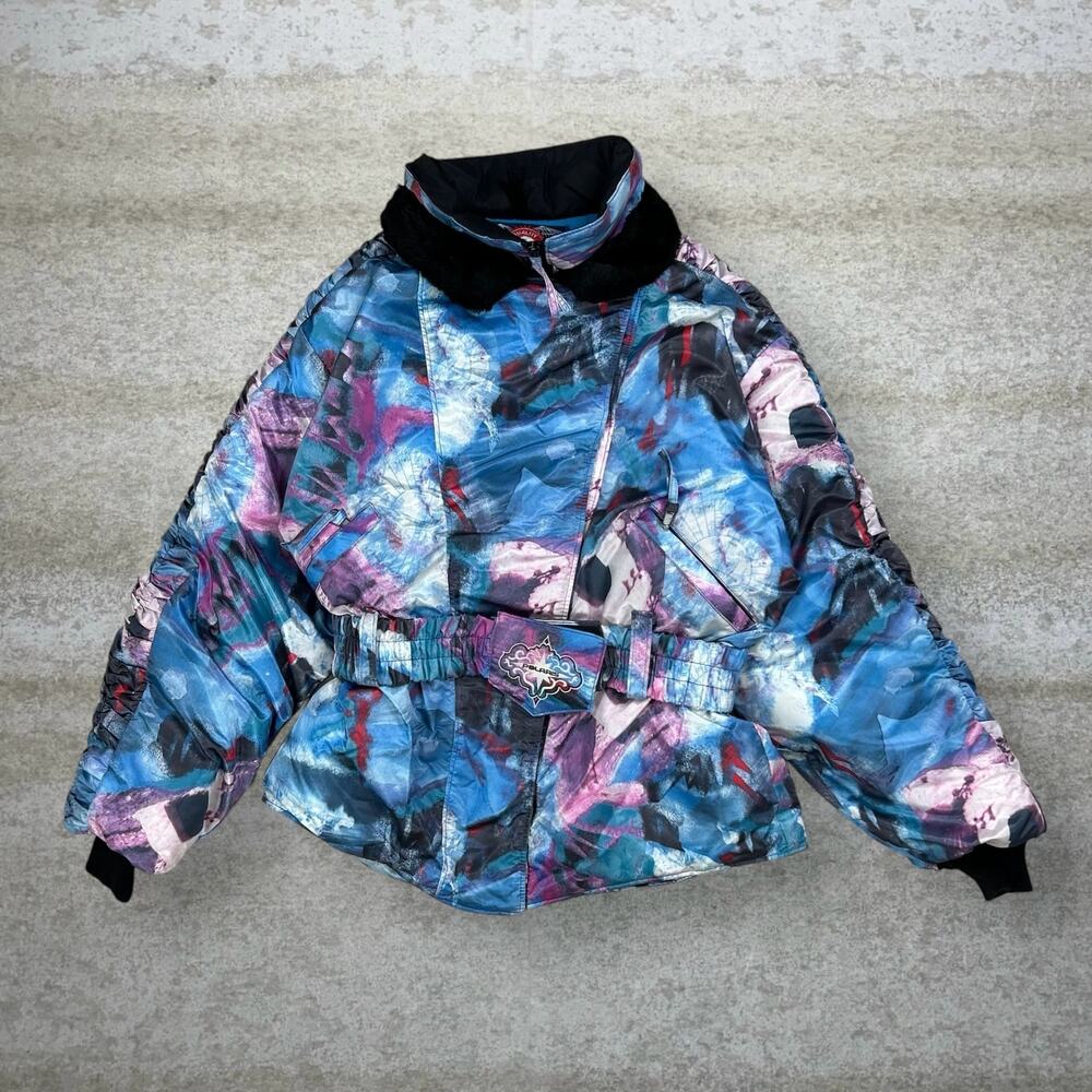 Vintage 90s Polaris Puffer Ski Jacket Womens M Blue Pink Full Zip Made in USA